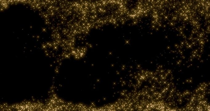Glittering gold particle trails flying from the top and bottom in black background. Sparkling light streaks glow dust effect. 4K 3D rendering loop animation.