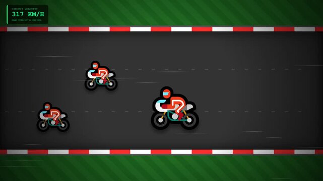 Cartoon motorcycle race on track with speedometer display