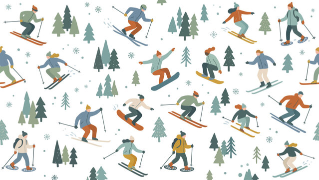 Seasonal winter sports scene with skiers and snowboarders among trees in a snowy landscape.
