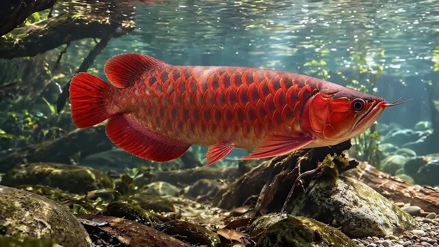 Vibrant Red Arowana Fish Swimming Gracefully Underwater in a Natural River Habitat with Rocks and Aquatic Plants