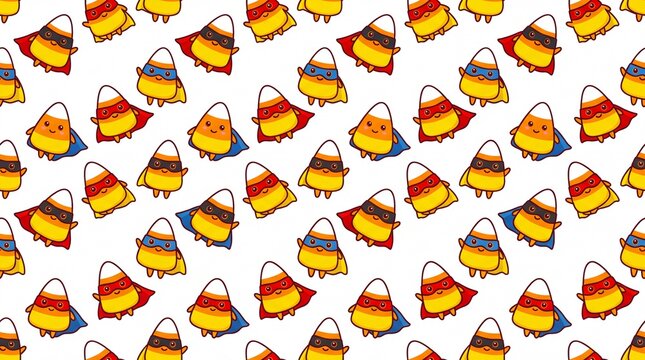 Seamless pattern illustration of cheerful candy corn superheroes for halloween