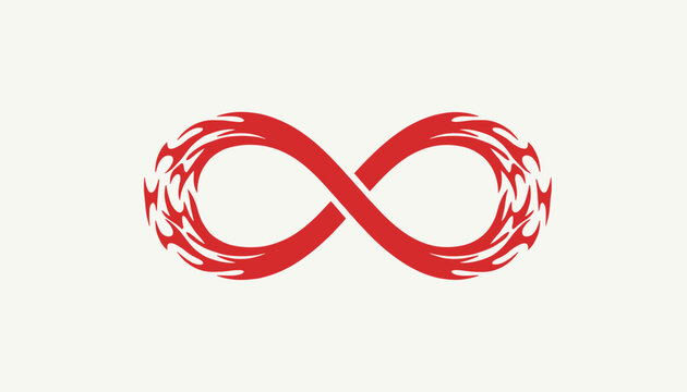 Creative infinity symbol design stylized with red burning fire flames, representing endless energy and passion.