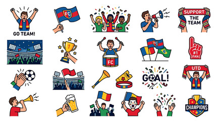Fototapeta premium Set of vector illustrations featuring soccer fans, stadium atmosphere, and championship celebration icons.