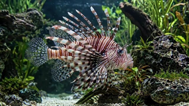 Lionfish swimming gracefully in a vibrant coral reef aquarium setting