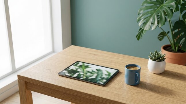 Digital tablet displaying a vibrant green plant pattern resting on a wooden table in a sunlit room