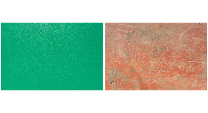Bright green fabric texture next to a rough weathered orange stone surface for design and creative backgrounds