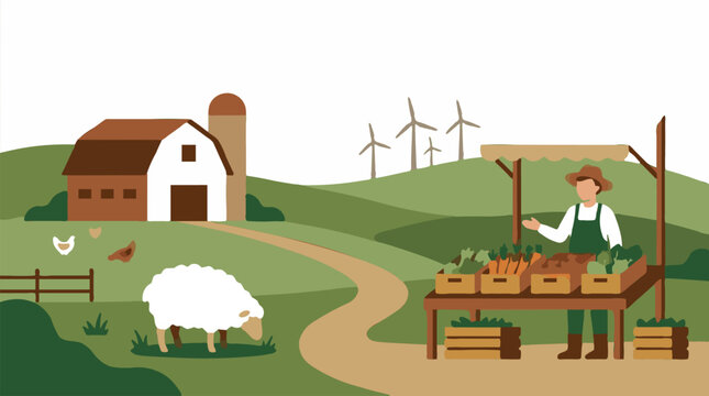 Farmer at market stall with fresh produce, barn and sheep in background, flat design illustration