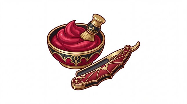 Ornate gothic shaving kit icon with bat wing razor and red cream bowl