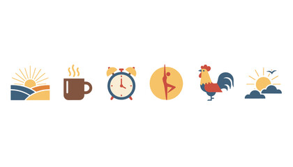 Fototapeta premium Flat design icons depicting a healthy morning routine with sunrise, coffee cup, alarm clock, stretching, and rooster.
