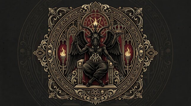 Ornate Occult Illustration of Baphomet the Sabbatic Goat Sitting on a Throne with Mystical Symbols