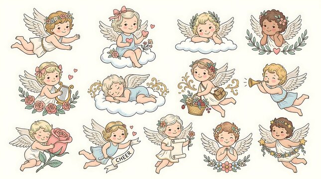 Hand Drawn Collection of Cute Baby Angels and Cherubs with Wings, Clouds, and Musical Instruments