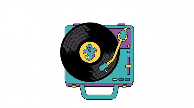 Retro 90s portable record player illustration with spinning vinyl and cartoon ghost graphic