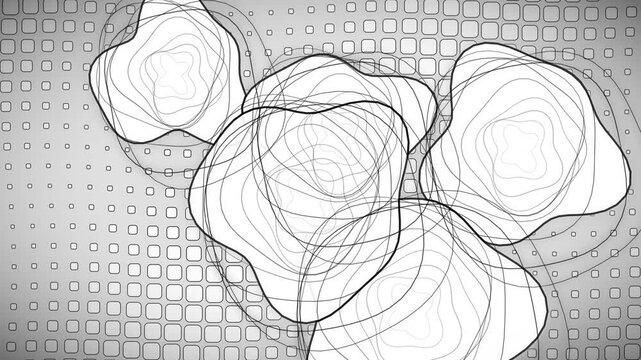 Abstract illustration featuring overlapping organic shapes and a grid pattern