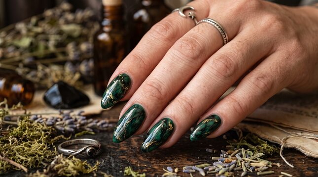 Halloween nail art on witchy hand with dark green marble and gold