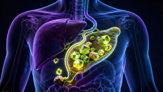 Gallstones with multiple crystalline masses in gallbladder and cystic duct obstruction in transparent right upper abdomen