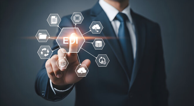 Professional Businessman Interacting with Virtual EDI Electronic Data Interchange Network Interface for Digital Global Supply Chain Management System