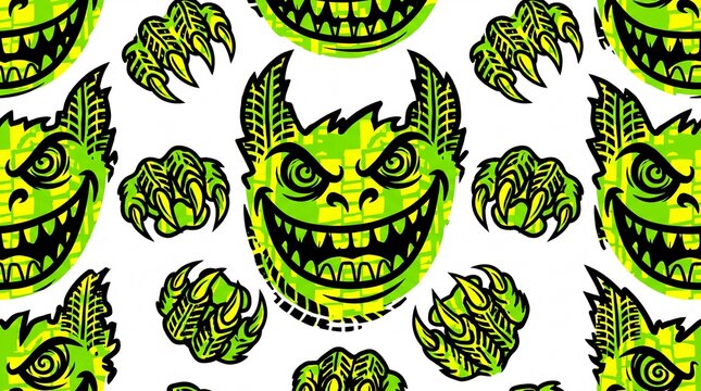Grinning monster faces and claws seamless pattern in bold acid green and yellow line art