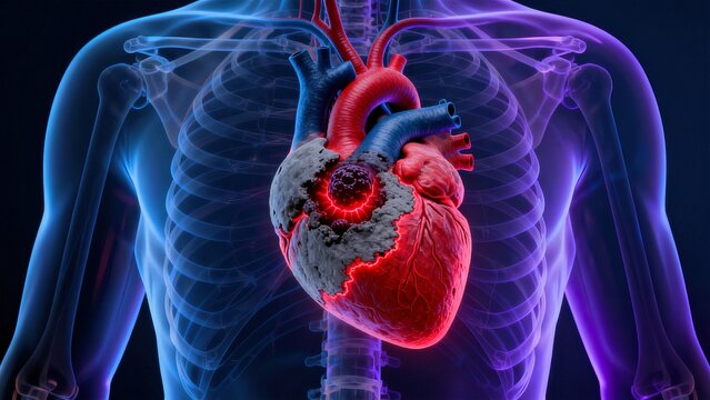 Myocardial infarction showing complete coronary artery thrombus occlusion with necrotic gray-blue heart muscle versus healthy red myocardium