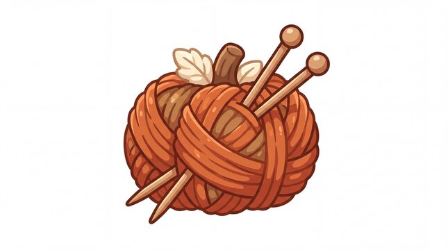 Cartoon illustration of orange yarn pumpkin with knitting needles and leaves