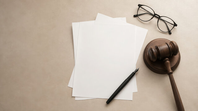 Legal paperwork template with gavel and pen on blank paper for formal document preparation and courtroom administration
