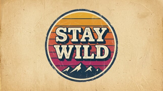 Stay wild typography design featuring vintage sunset colors and mountain silhouette set inside distressed circular badge
