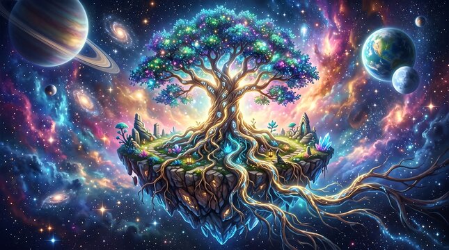 Ancient glowing tree on a floating island in deep space with planets and nebula background