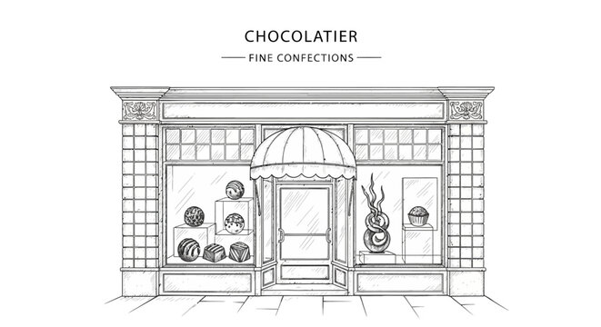 Handdrawn sketch of a charming chocolatier shopfront with an awning and display windows.