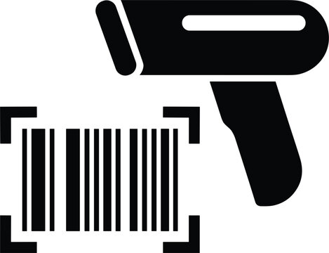 Handheld laser barcode scanner reading product code label icon in solid black glyph style vector illustration