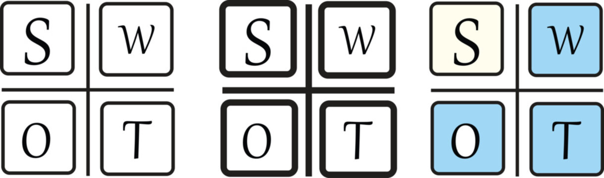 SWOT analysis matrix icon set representing strategic planning, business strengths, and risk evaluation vectors with line, bold stroke, and colored vector.