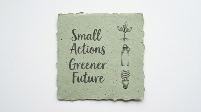 Small actions greener future message printed on textured recycled green paper with hand drawn icon illustrations