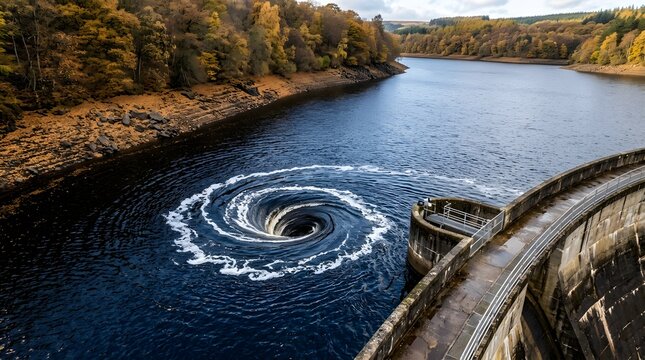Aerial view of the ladybower reservoir dam and its iconic bellmouth spillway, also known as the plug hole, in the peak district, derbyshire, england