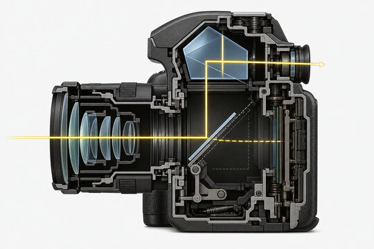 SLR camera cutaway showing reflex mirror light path