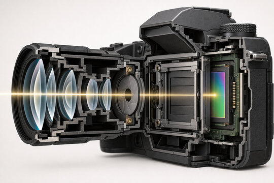 Camera cross section showing light path and sensor