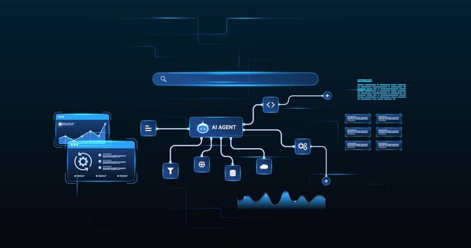 Futuristic AI workflow automation dashboard with ai agent assistant, coding panels and data analytics dashboard, looped animation
