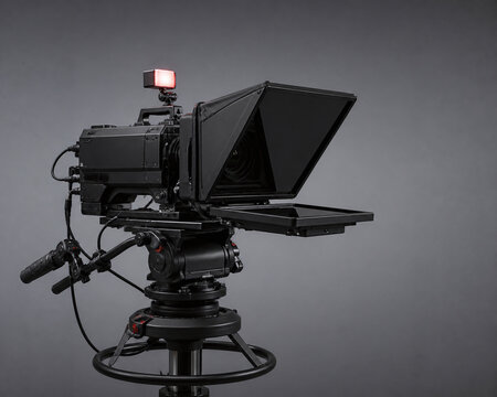Professional broadcast studio camera with teleprompter setup