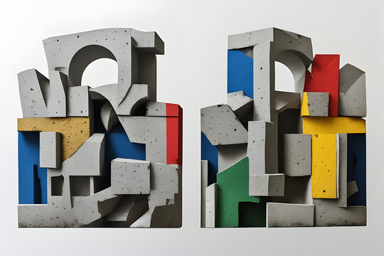 Dynamic concrete sculptures featuring abstract geometric forms and vibrant primary colors, creating a modern architectural art installation with a constructivist aesthetic and brutalist influence