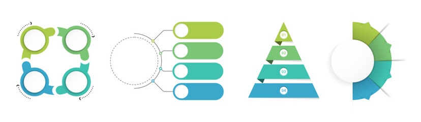 Four option infographic template with cycle, pyramid, and list layouts using arrows and lines. 4 options business chart or graphic for presentation slides. Vector illustration.