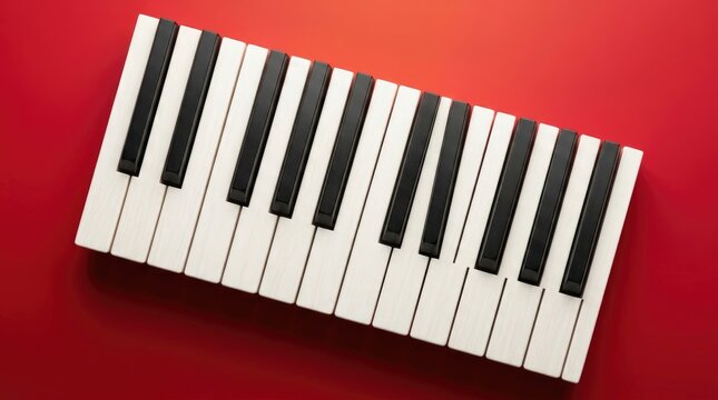 Grand piano keyboard keys resting elegantly against a vibrant and bold solid red studio backdrop surface