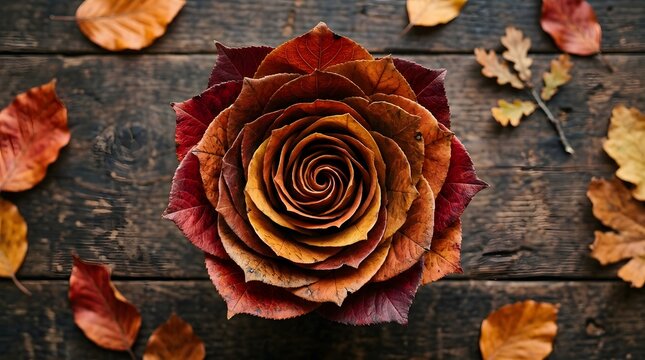 A beautiful rose made from colorful autumn leaves arranged on a rustic dark wooden background, representing creative fall art and seasonal decoration