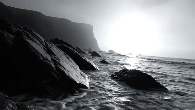 Dramatic black and white landscape of ocean waves crashing against rocks with a bright sky and distant cliff