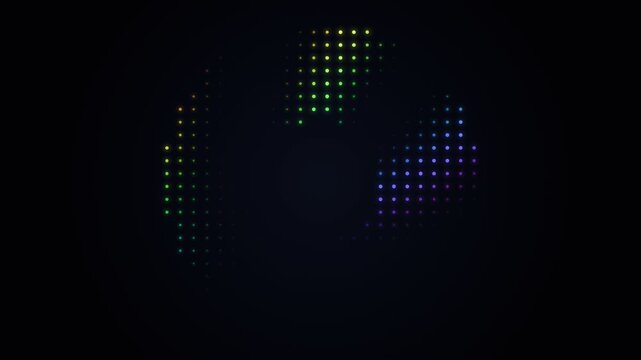 Abstract circular pattern formed by vibrant neon dots on black background