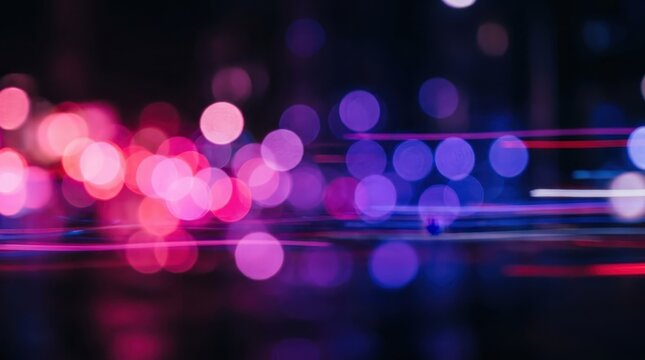 Abstract Night City Bokeh Background with Vibrant Pink and Blue Light Trails and Glowing Circles