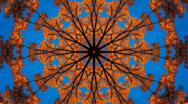 Abstract kaleidoscope pattern created from autumn tree branches with vibrant orange leaves against a clear blue sky