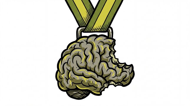 Graphic novel style illustration of a bitten brain medal with striped ribbon isolated on white