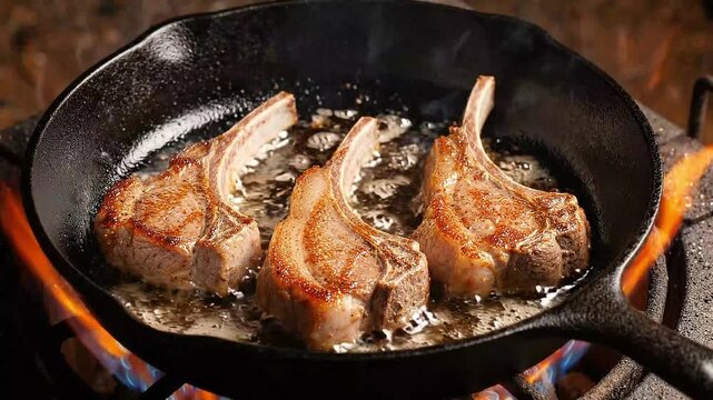 Juicy Lamb Chops Sizzling with Oil and Flames in Cast Iron Skillet