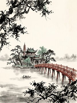 Ngoc Son Temple and Red The Huc Bridge over Hoan Kiem Lake, Poetic Traditional Vietnamese Ink Wash Painting of Hanoi
