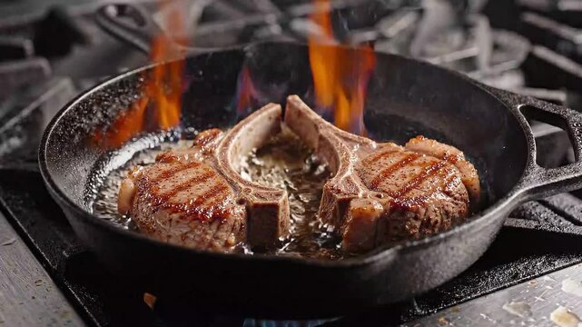Juicy Lamb Chops Sizzling with Oil and Flames in Cast Iron Skillet