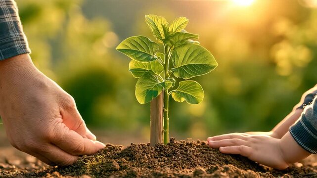 Elderly Hand Placing Support Stake Beside Sapling as Child Pats Soil