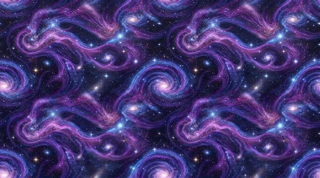 A seamless galaxy pattern with stars, nebula clouds, and cosmic swirls in purple and blue, space fantasy design, infinite repeat, 8k
