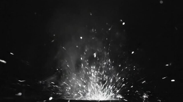 Black and white explosion with particles and smoke bursting dramatically against a dark background.
